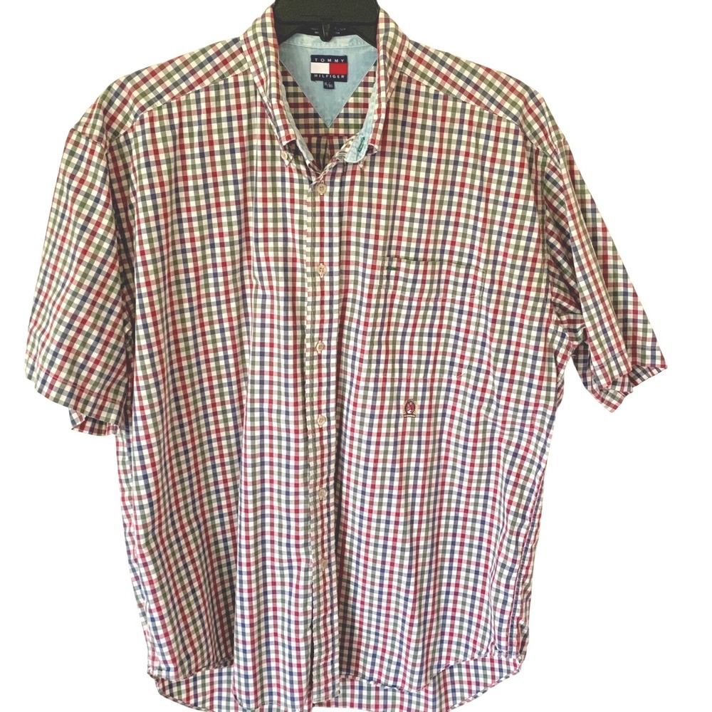 Tommy Hilfiger XL Button Down Shirt Red Navy Green Gingham Plaid Short Sleeve